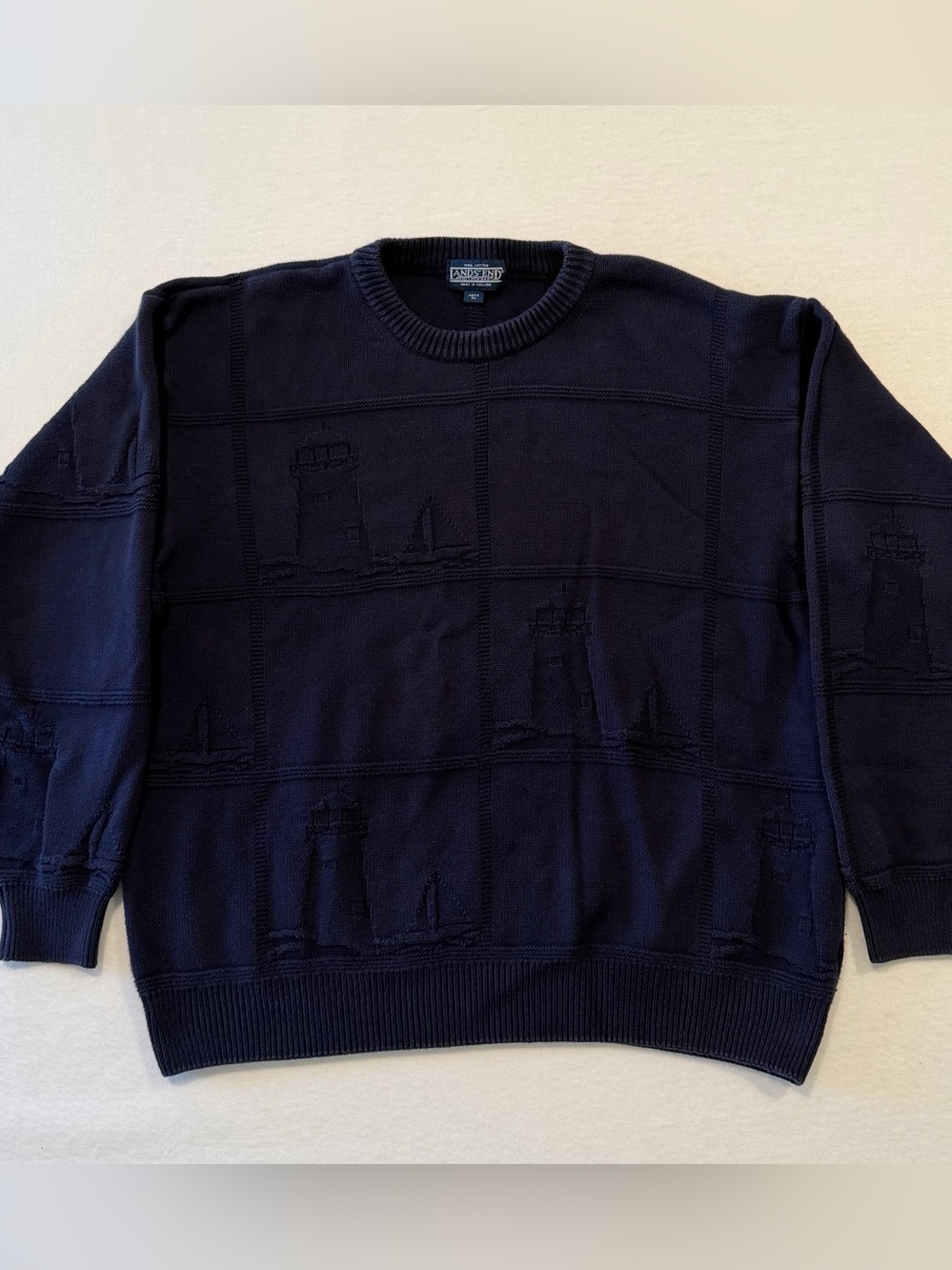 Vintage Lands' End Men’s Woven Lighthouse Sailboat Sweater XL Blue 100% Cotton